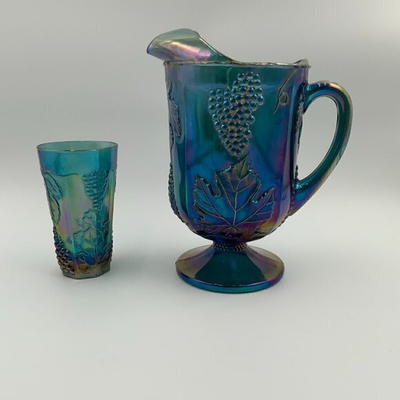 Vintage Blue Indiana Glass Grape Harvest Carnival Pitcher and Drinking Glass - Picture 3 of 8